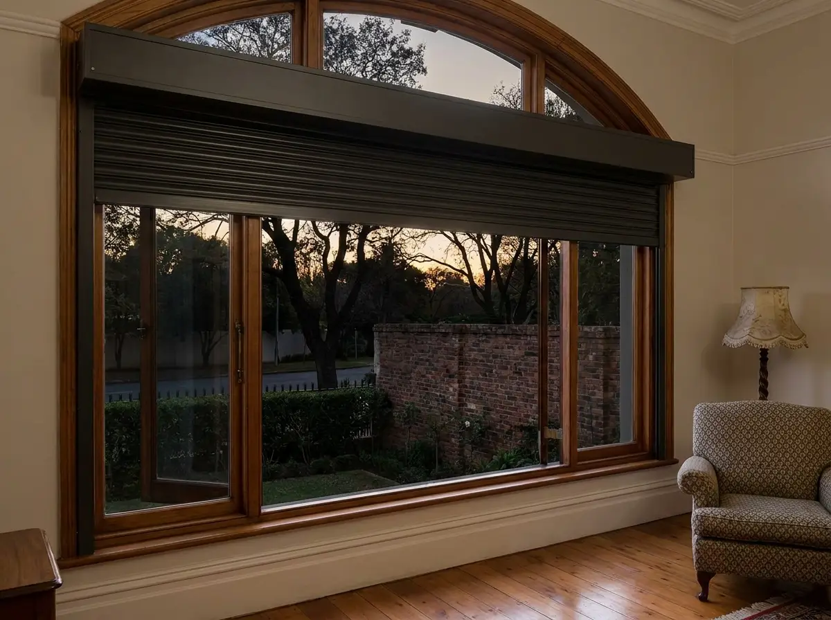 Interlocking aluminium roller shutter lowered over a street-facing window in Saxonwold