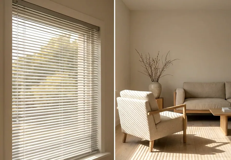 Venetian blinds with horizontal slats tilted open over a Saxonwold scullery window