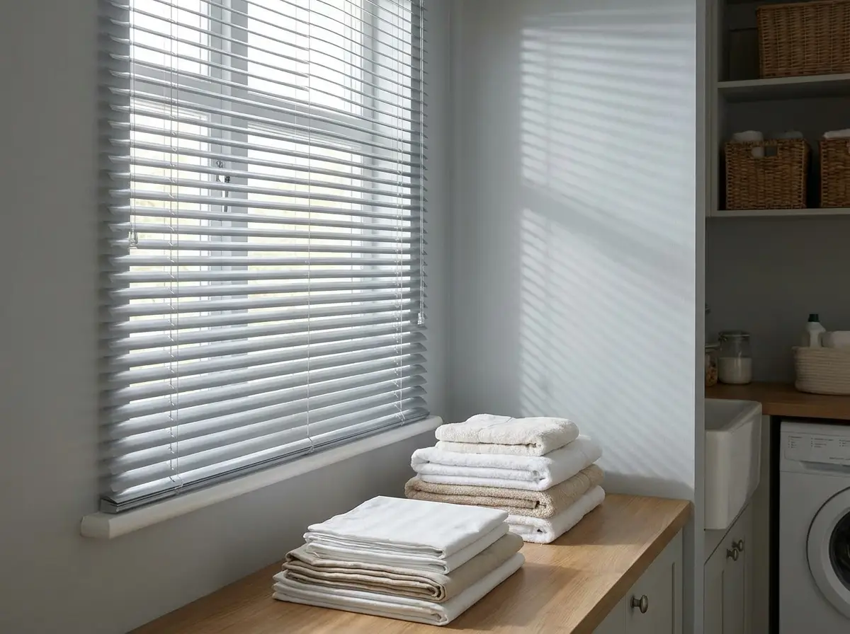 Slim aluminium venetian blind tilted half-open over a laundry room window, folded linens on the counter below