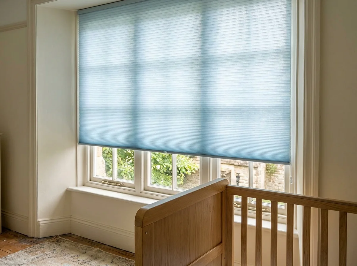 Pale blue cellular honeycomb blind lowered over a period nursery window in a Forest Town home