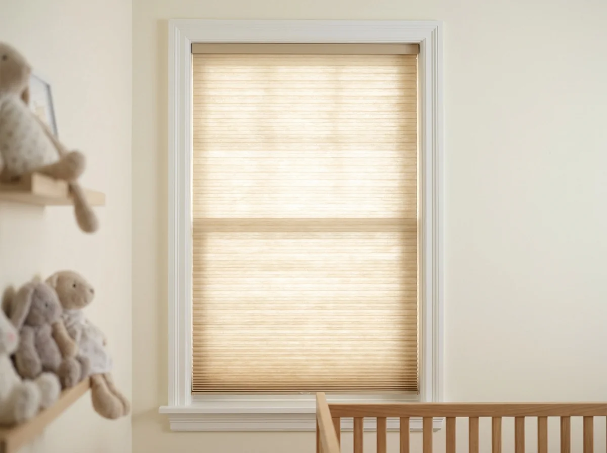 Sand-toned cellular honeycomb blind lowered fully over a nursery window, soft filtered light through the pleats
