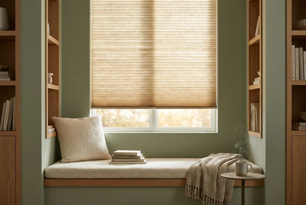 Cellular honeycomb blind fitted inside a deep window reveal above a sunlit reading nook in Forest Town