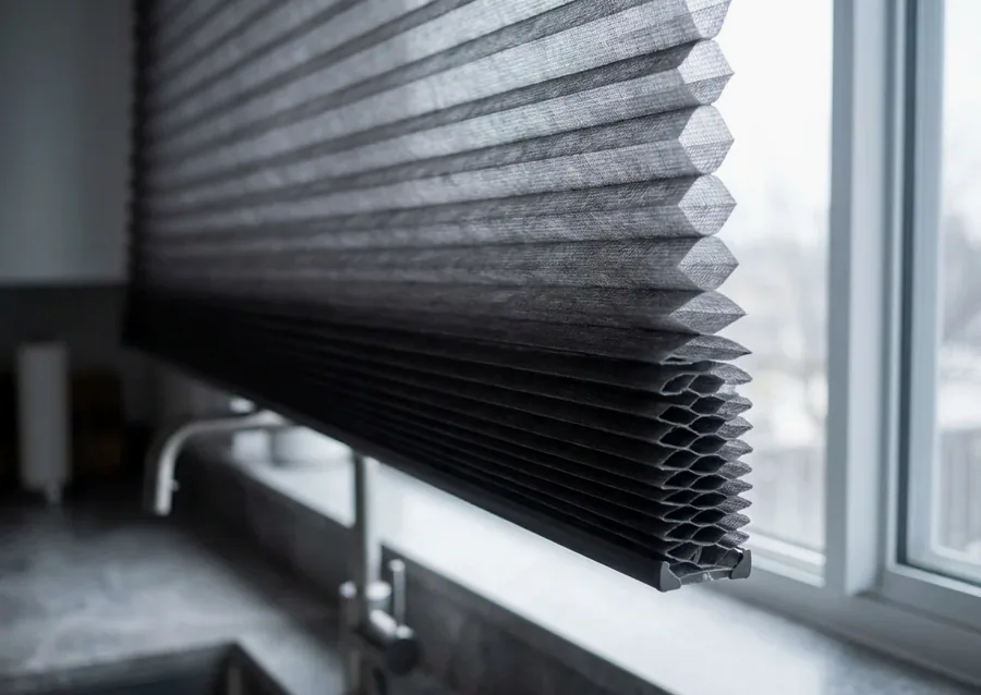 Sand-toned cellular honeycomb blind filtering soft light over a Saxonwold nursery window