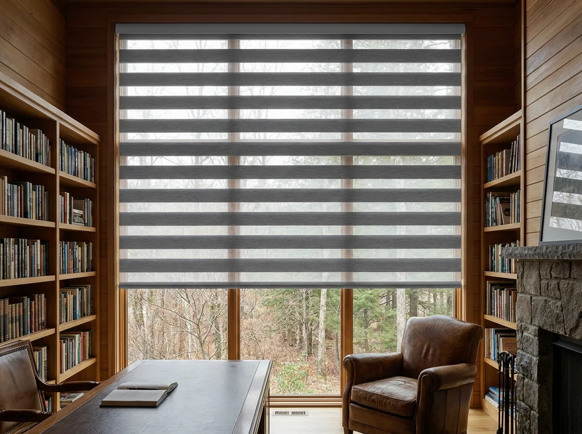 Grey day-night zebra blind fully lowered over a tall window in a Forest Town study