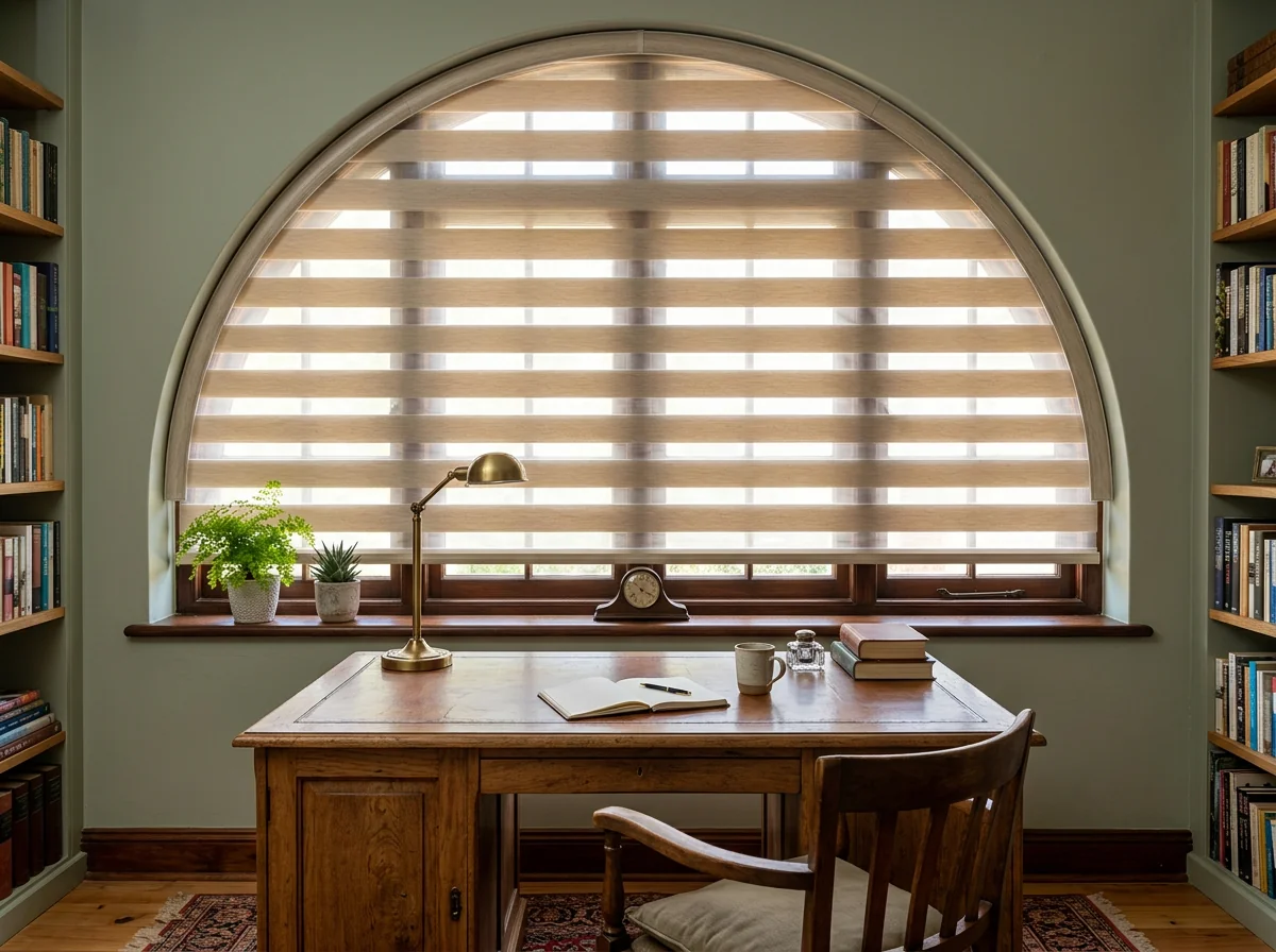 Day-night zebra blind fitted to an arched study window in a Parkview home