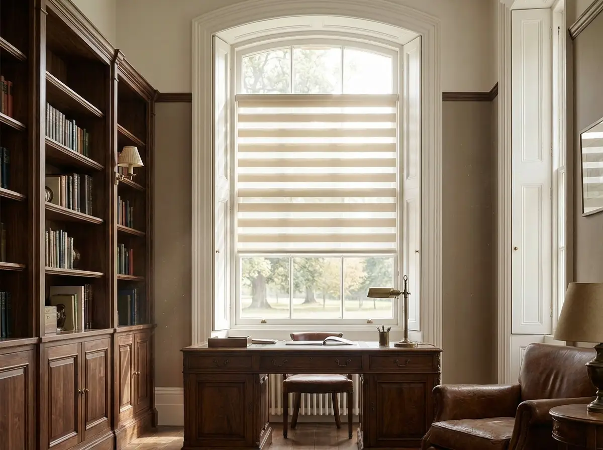 Day-night blind with alternating sheer and solid bands over an arched study window