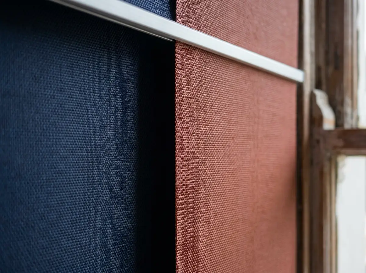 Close-up of navy blockout and terracotta sunscreen roller blind fabrics side by side