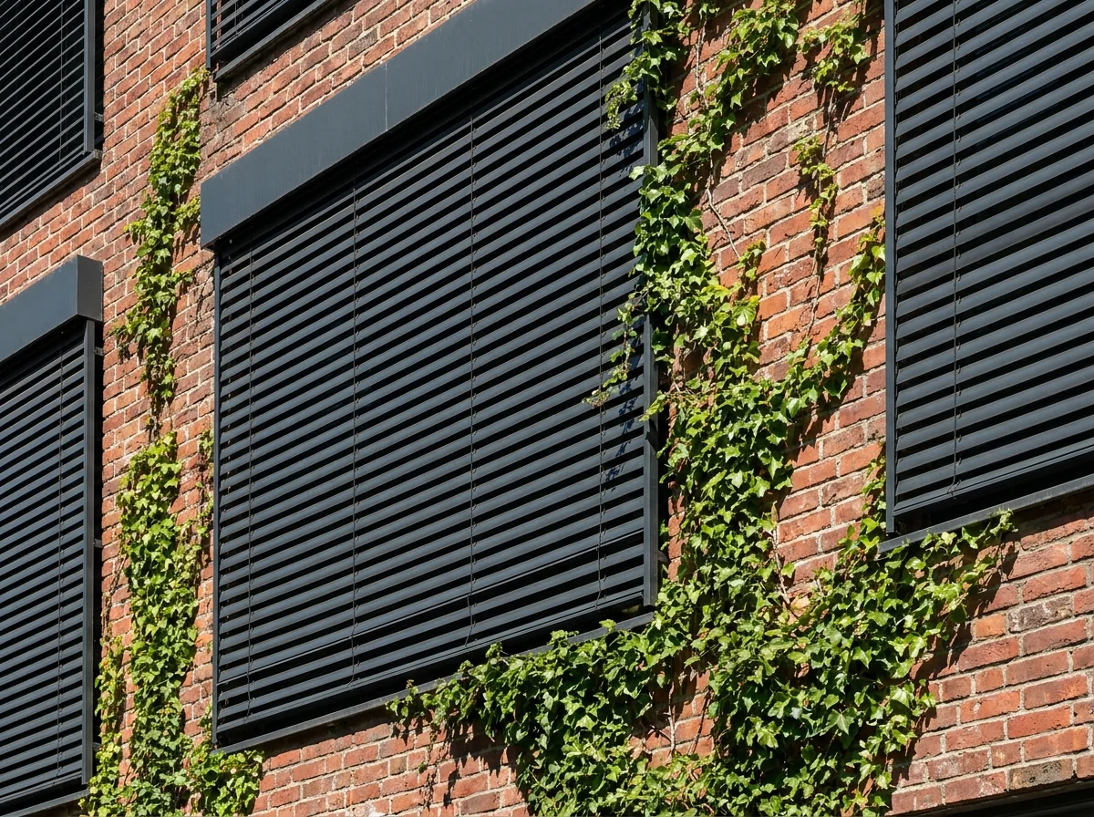 External aluminium venetian blinds mounted outside a red-brick facade in Houghton Estate