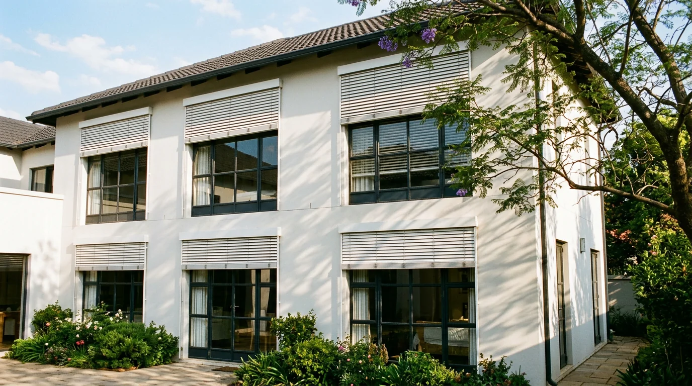 White aluminium external venetian blinds filtering afternoon sun on a double-storey Saxonwold home beneath jacaranda branches
