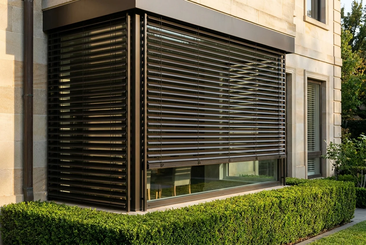 Dark bronze external venetian blinds fitted outside a large picture window on a Houghton Estate home