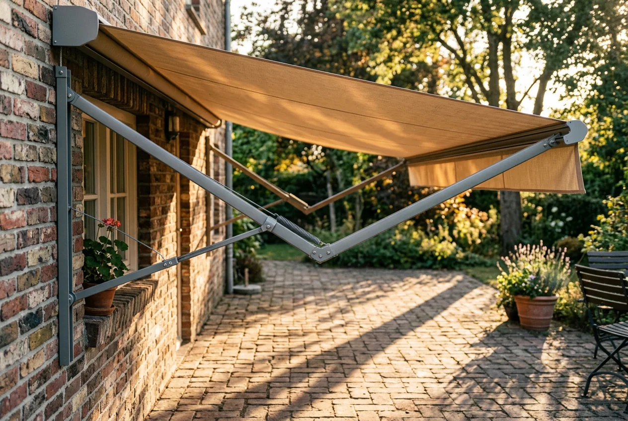 Close angle on the cantilever arm mechanism of a folding-arm awning at golden hour