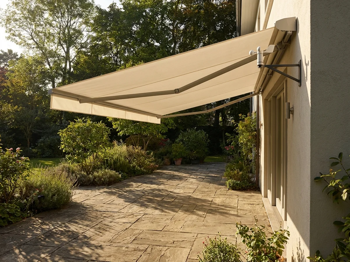 Cream folding-arm awning with wind sensor extended over a wide stone terrace in a Houghton Estate garden