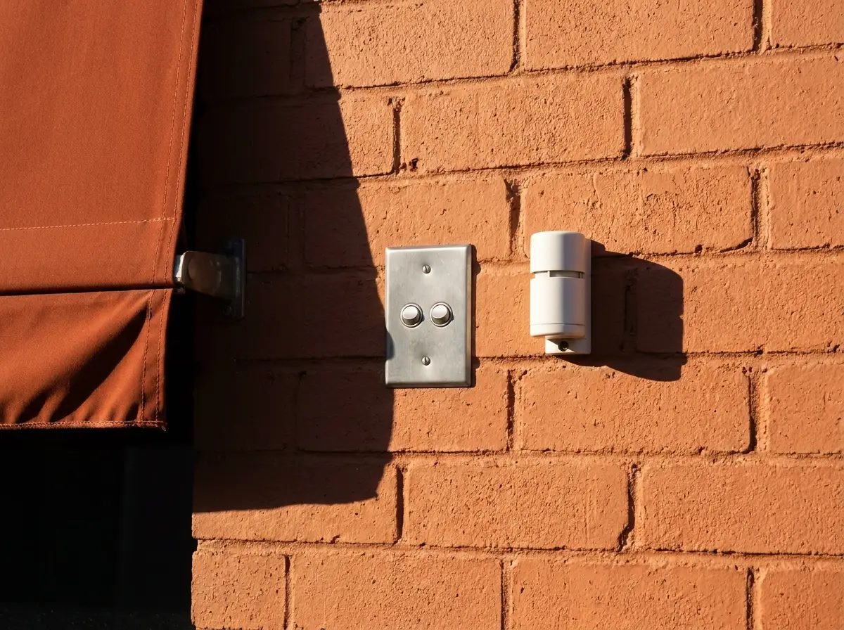 Wall-mounted motorised awning control switch and wind sensor beside the folded edge of an awning