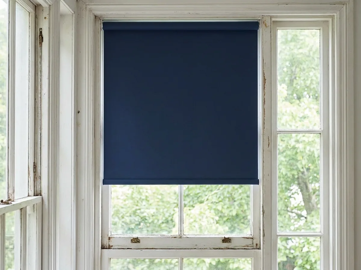 Navy blockout roller blind, a single flat sheet of fabric on a tube with no folds, drawn part-way down an old painted sash window
