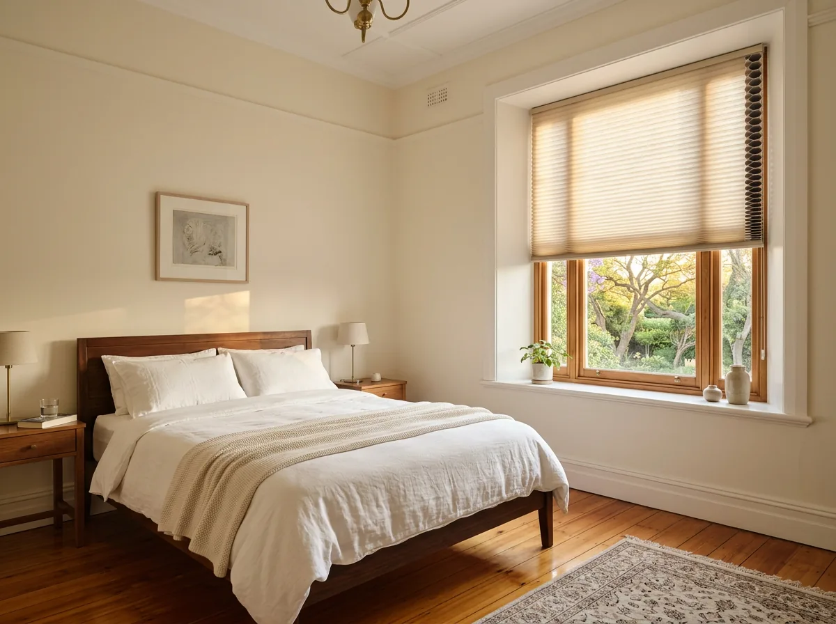 Cellular honeycomb blind fitted inside the deep reveal of a sash window in a restored bedroom, its hexagonal cell structure visible at the edge