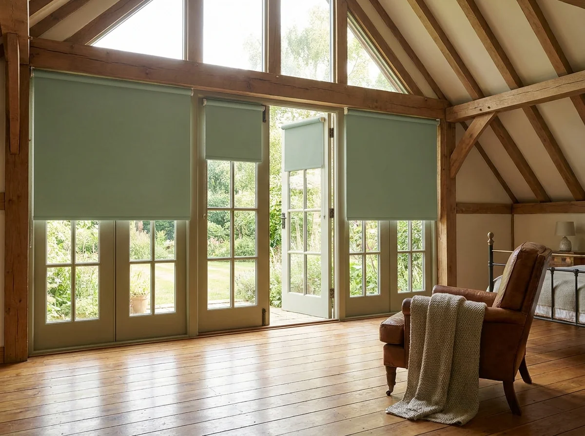 Sunlit Forest Town period bedroom with sage green blockout roller blind lowered halfway over cottage-pane garden doors
