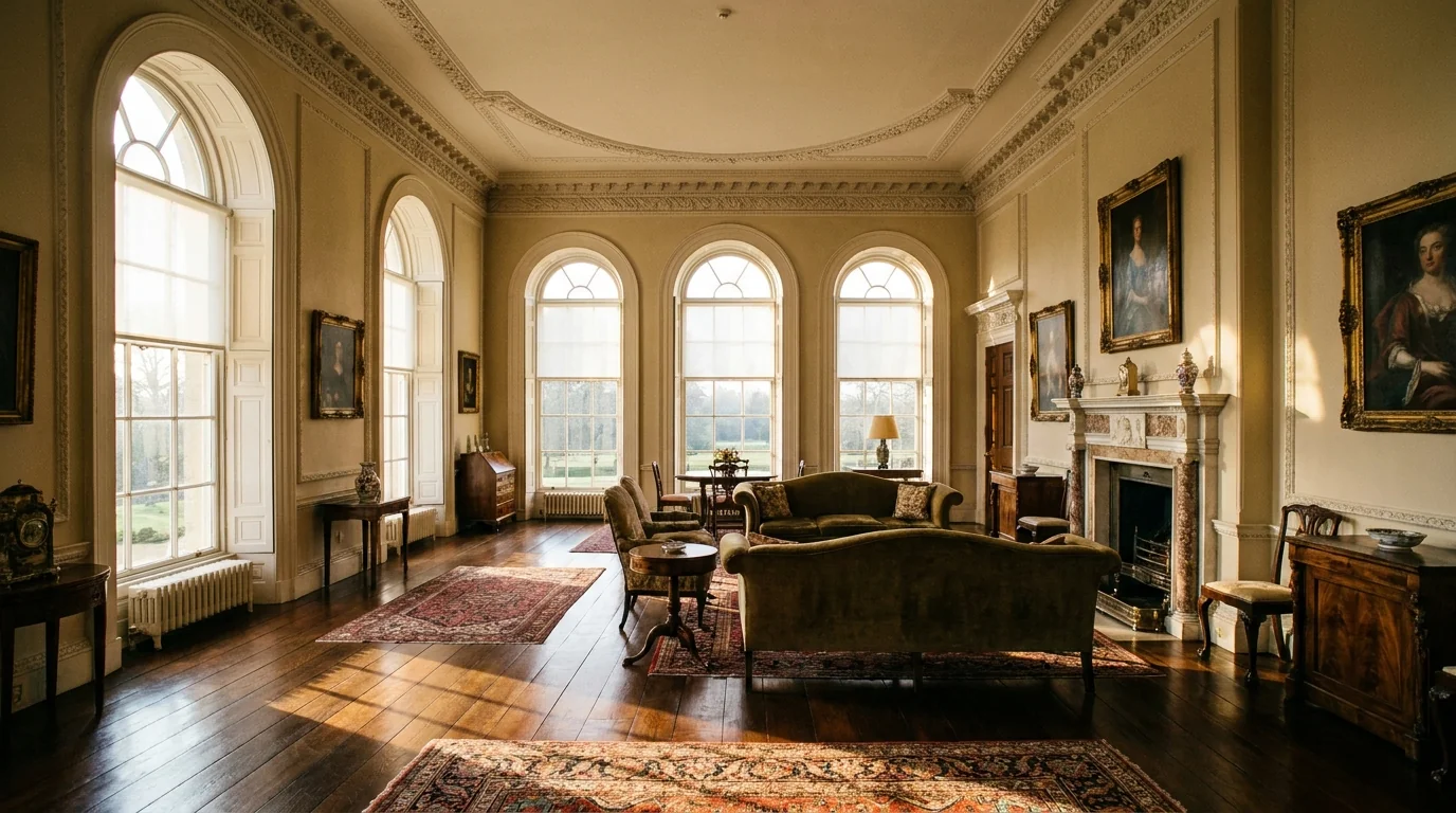 Grand Houghton Estate heritage living room with tall arched sash windows dressed in sheer white roller blinds