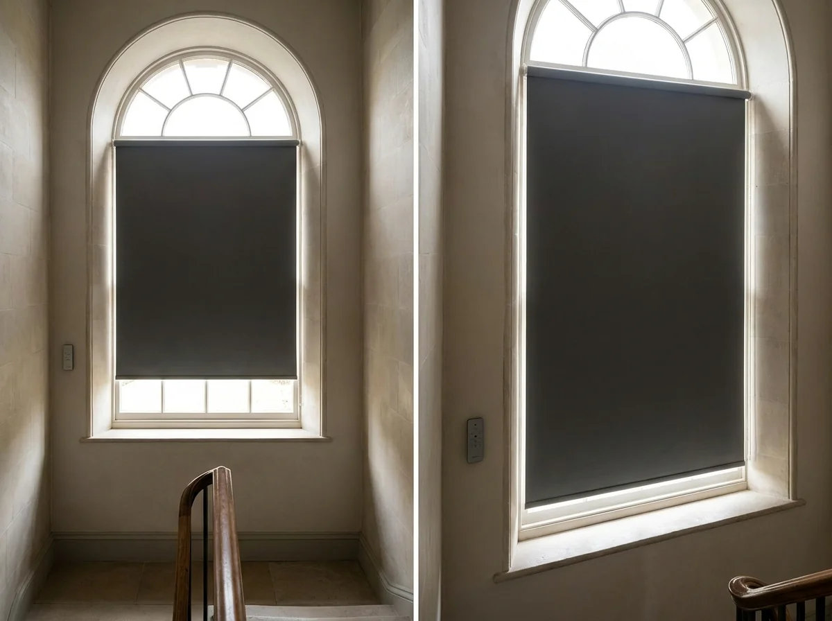 Motorised charcoal roller blind fitted high on an arched stairwell window with wall-mounted remote control