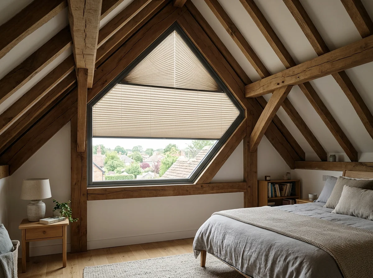 Motorised pleated blind fitted to a triangular gable window in an attic conversion