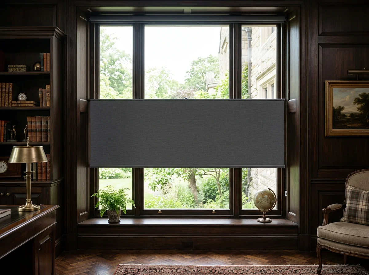 Charcoal grey blockout roller blind drawn to mid-height on a large picture window in a Houghton Estate study