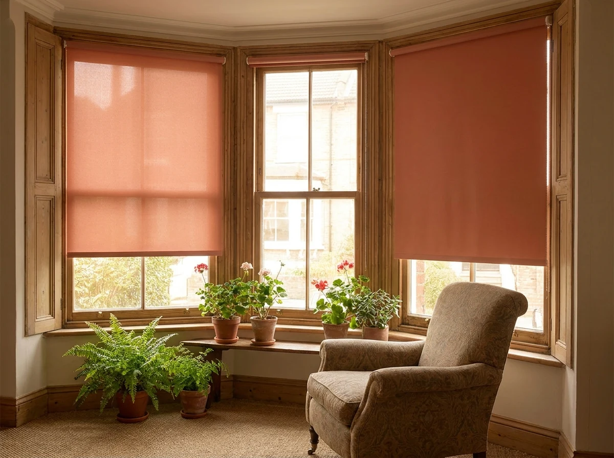 Terracotta sunscreen roller blinds, flat fabric on a headrail tube, fitted across an Edwardian timber bay window in a Parktown North sunroom