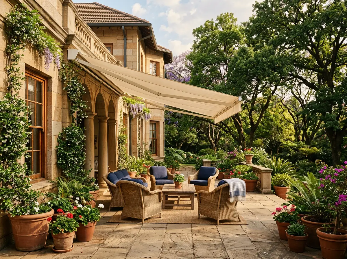 Cream folding-arm awning extended over a Saxonwold patio in late-afternoon light
