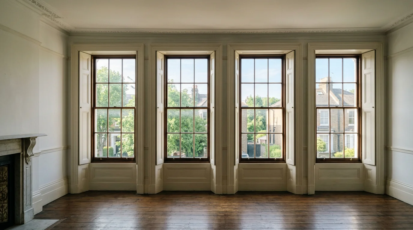 Tall single-glazed sash windows without blinds fitted, the kind of opening cellular blinds insulate