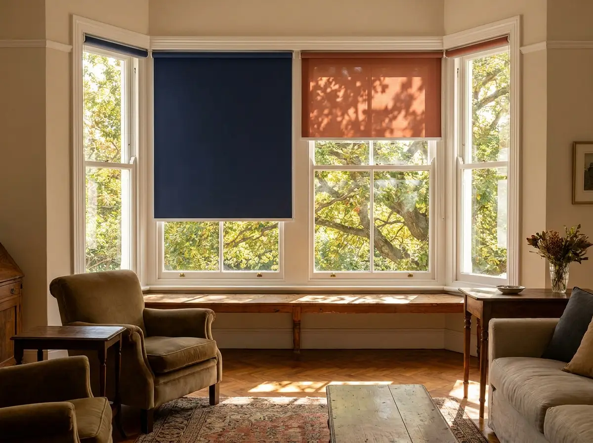 Navy blockout and terracotta sunscreen roller blinds fitted to a bay window in a Saxonwold living room