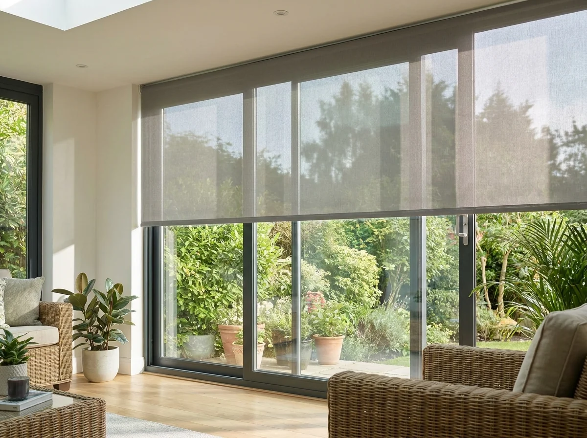 Grey sunscreen roller blind half lowered over floor-to-ceiling glass doors in a bright garden room extension