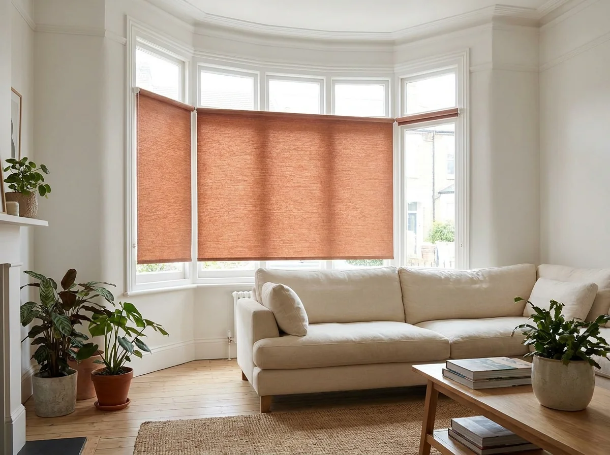 Terracotta sunscreen roller blind half-lowered over a curved bay window in a bright Saxonwold living room