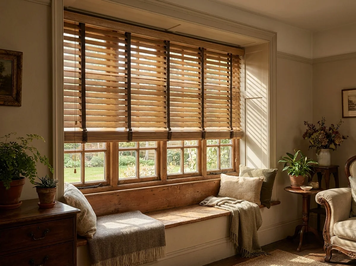 Timber venetian blind with wide slats tilted half open on a Forest Town period window