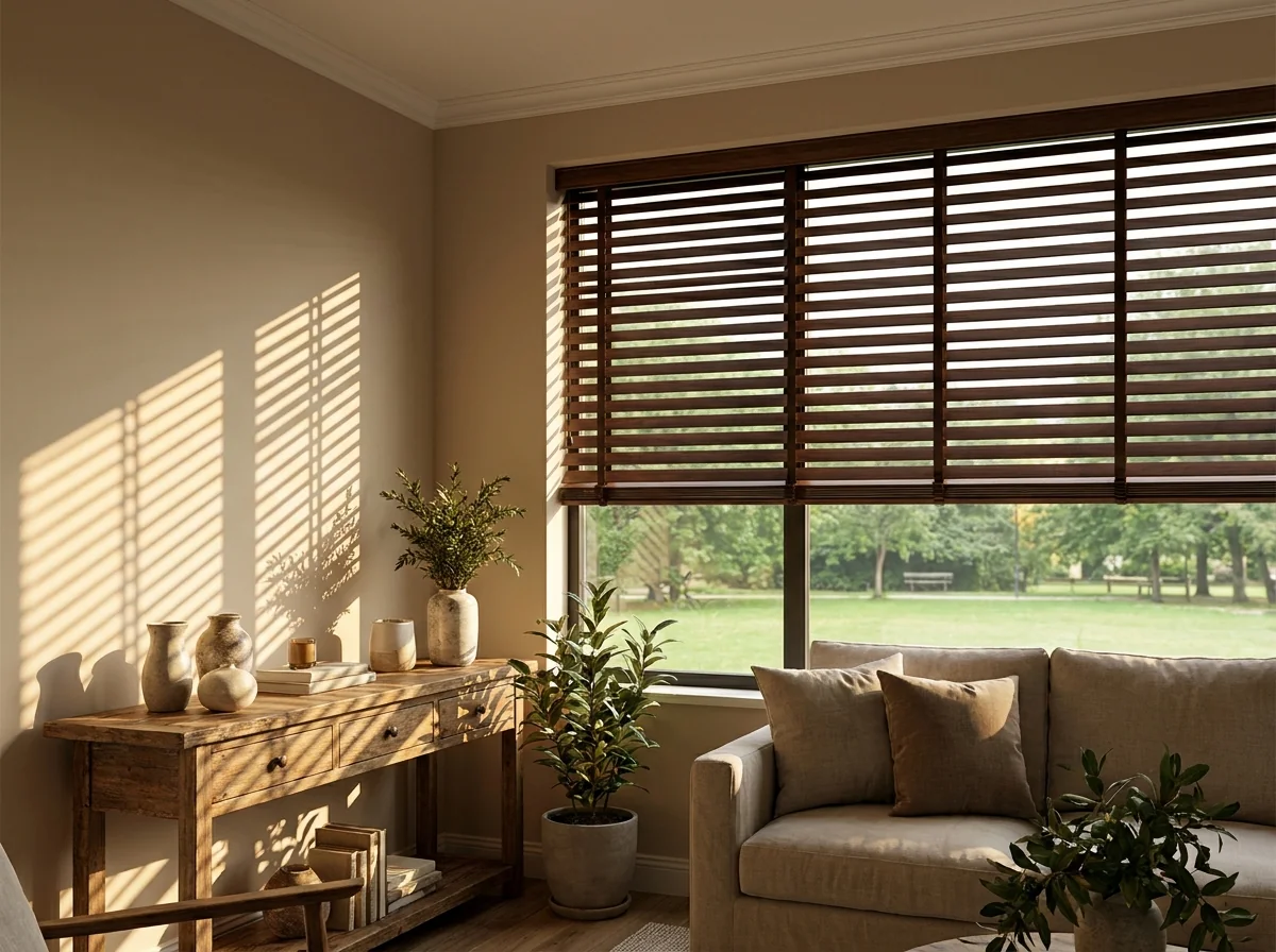 Wide-slat timber venetian blind tilted fully open on a Parkview living room window