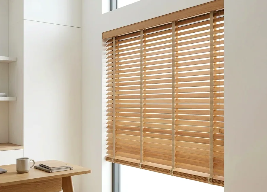 Wide-slat timber venetian blind with tape ladders tilted open in warm afternoon light