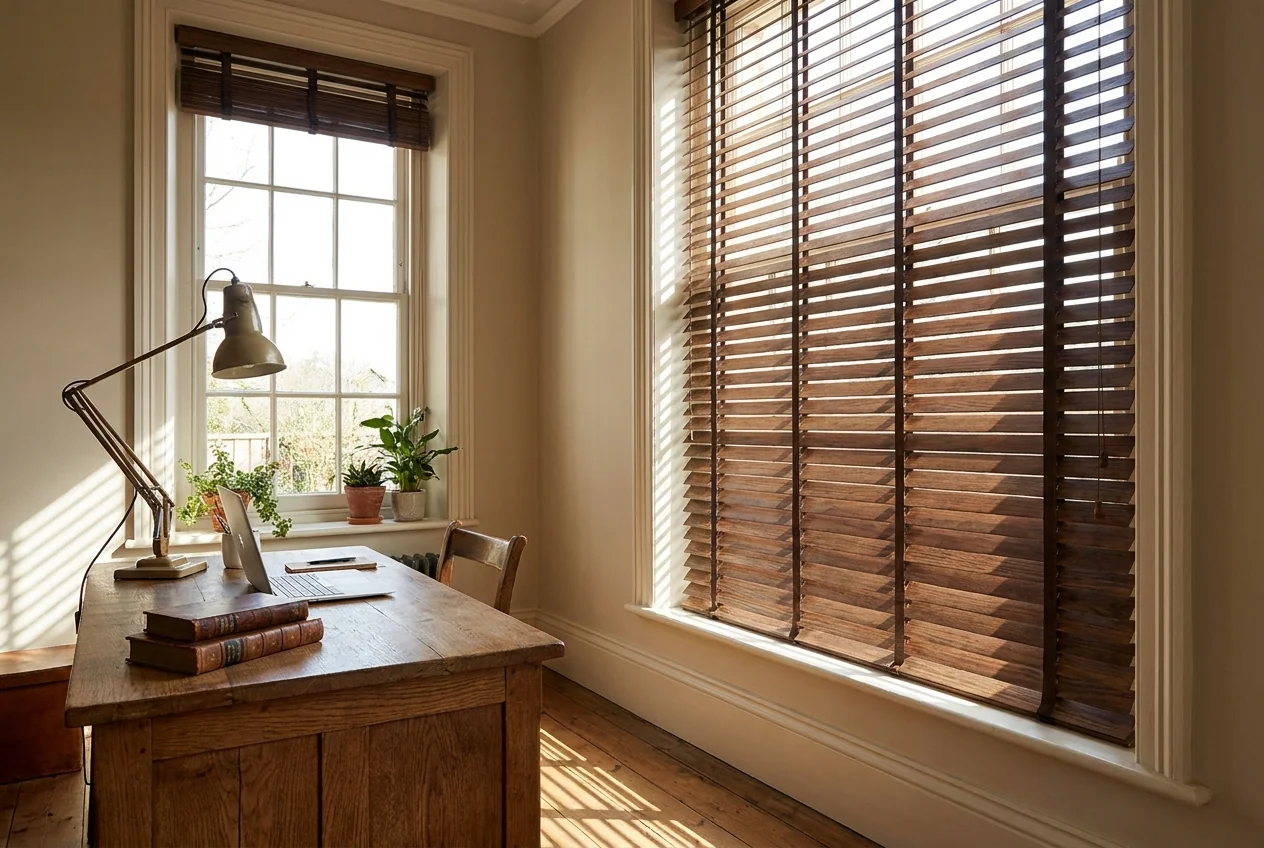 Timber venetian blind tilted fully open on a tall sash window in a sunlit Parktown North home office
