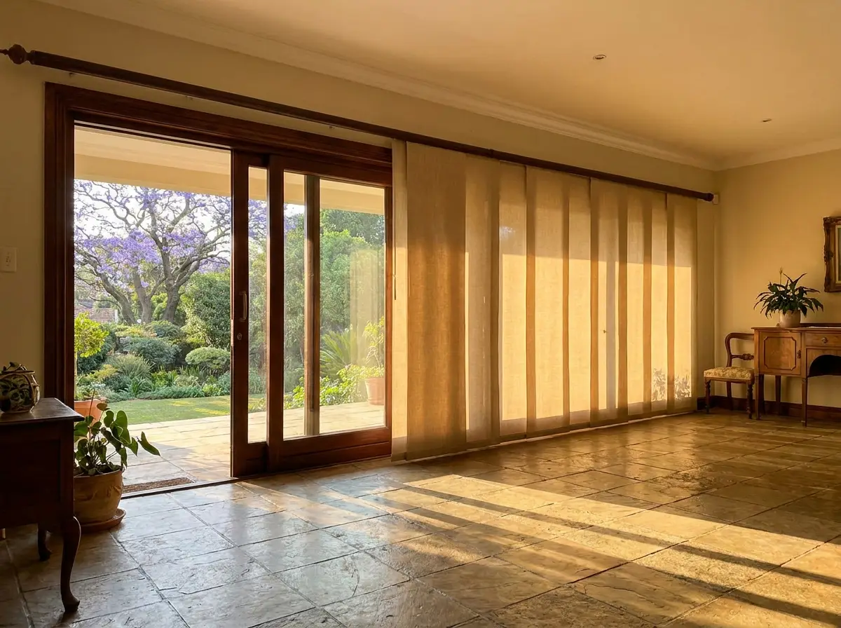 Sand-coloured vertical panel blinds drawn aside on wide terrace doors in a Saxonwold home