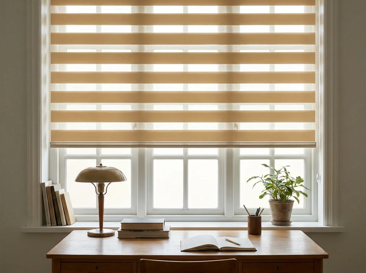 Sand-toned day-night zebra blind lowered halfway over a home study window, striped light across a desk