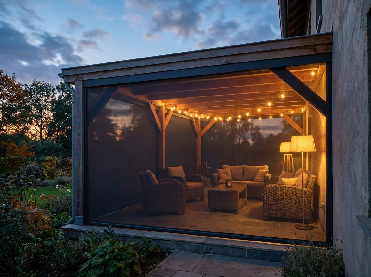 Charcoal zip screen lowered to enclose a covered stoep at dusk with warm outdoor lighting glowing through the mesh