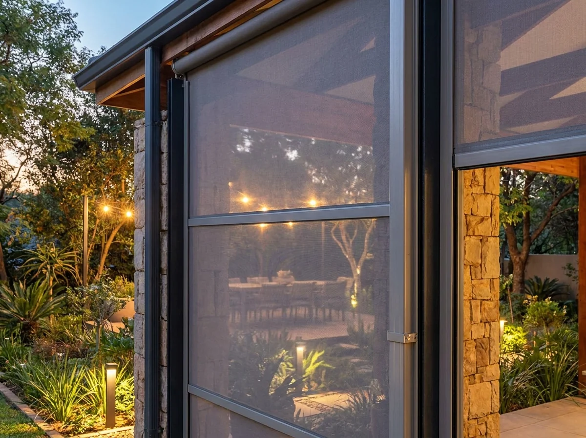 Grey zip screen partially lowered over a covered patio in Parktown North with side channel guides visible