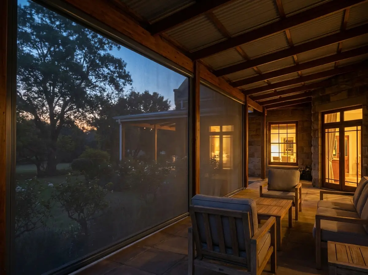 Zip screen mesh enclosing a covered stoep at dusk